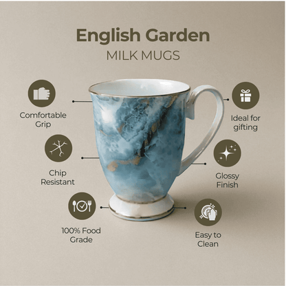 English Garden Milk Mug Autumn Tides with blue marble design and comfortable grip, chip resistant and glossy finish