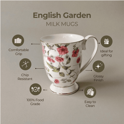 English Garden Milk Mug Floral Heirloom with pink floral design chip resistant and easy to clean