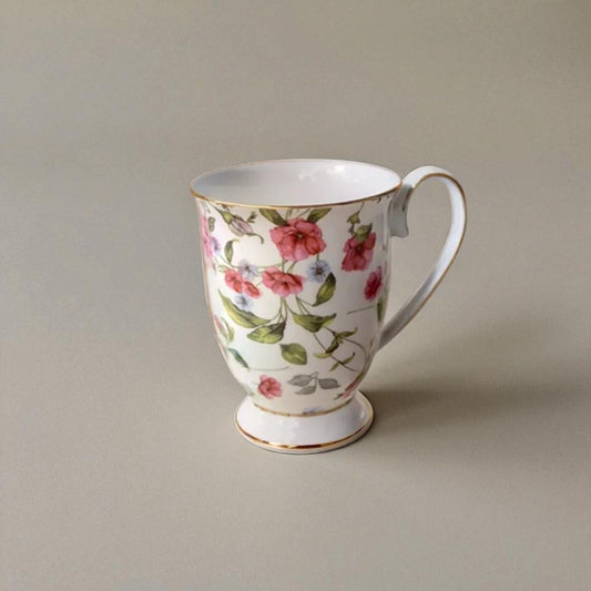 English Garden Milk Mug Floral Heirloom with pink and green floral design and gold trim