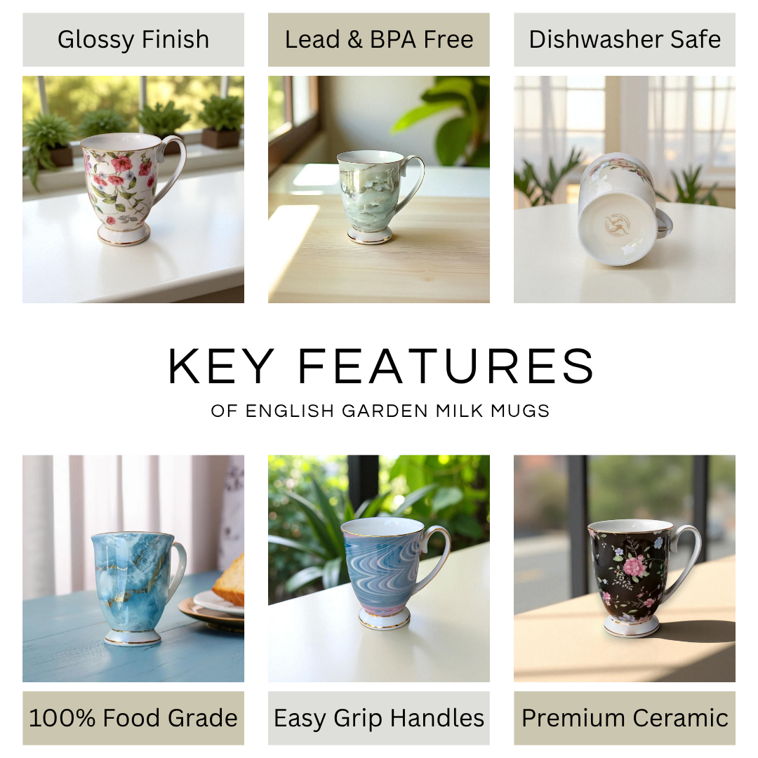 English Garden Milk Mug Aurora with glossy finish, lead and BPA free, dishwasher safe, and easy grip handles