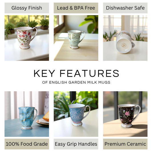 English Garden Milk Mug Aurora with glossy finish, lead and BPA free, dishwasher safe, and easy grip handles