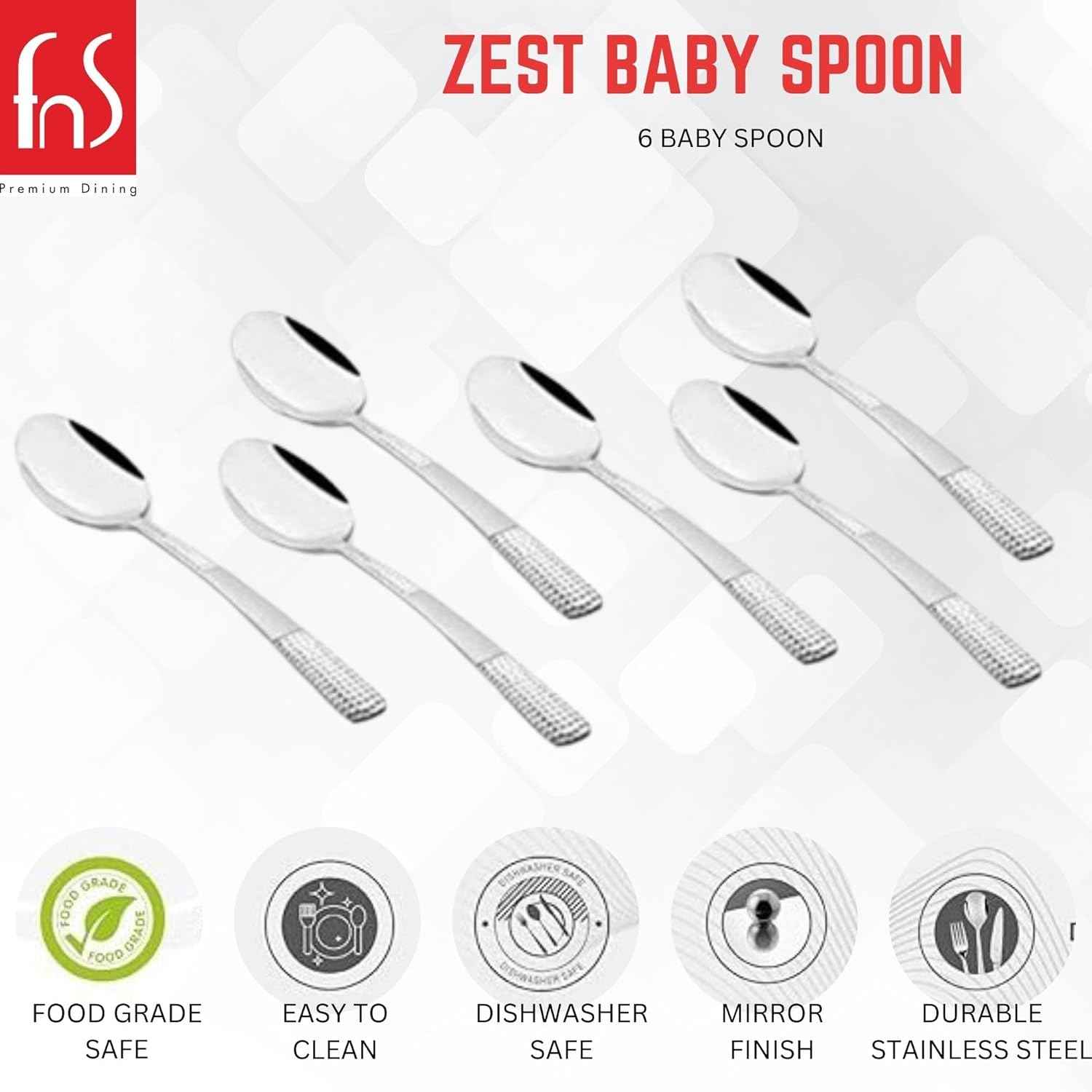 FnS Zest 6 Pcs Stainless Steel Baby Spoon Set, Hammered Finish