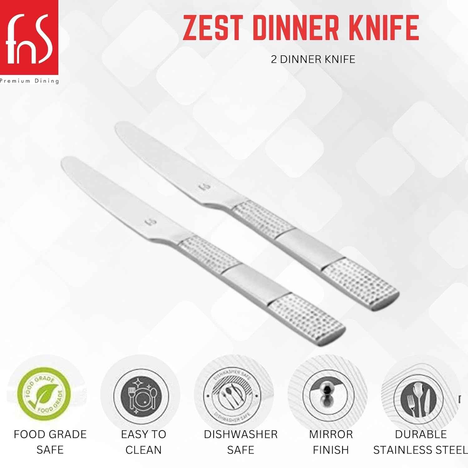 FnS Zest 2 Pcs Stainless Steel Dinner Knife Set, Hammered Finish