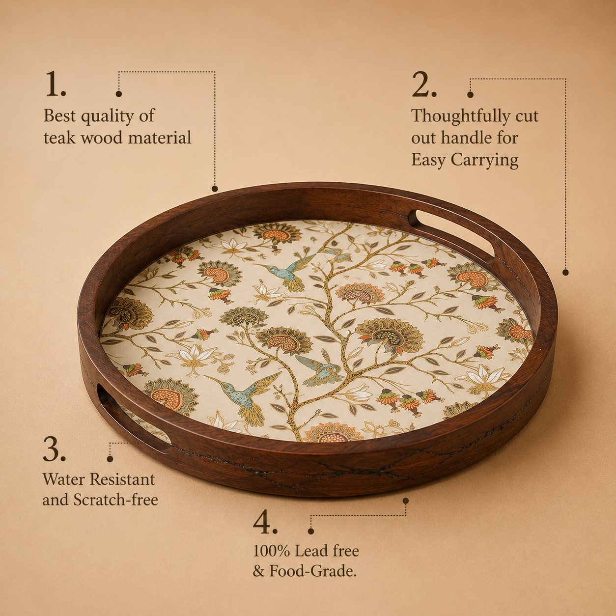 Gardenia Wooden Serving Tray, Round - Features