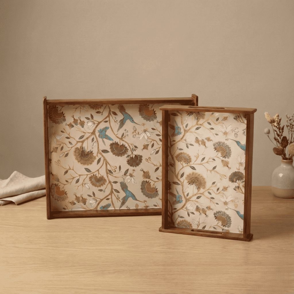 Gardenia Wooden Serving Tray Set of 2 Premium Teak Wood with Floral Design for Elegant Serving