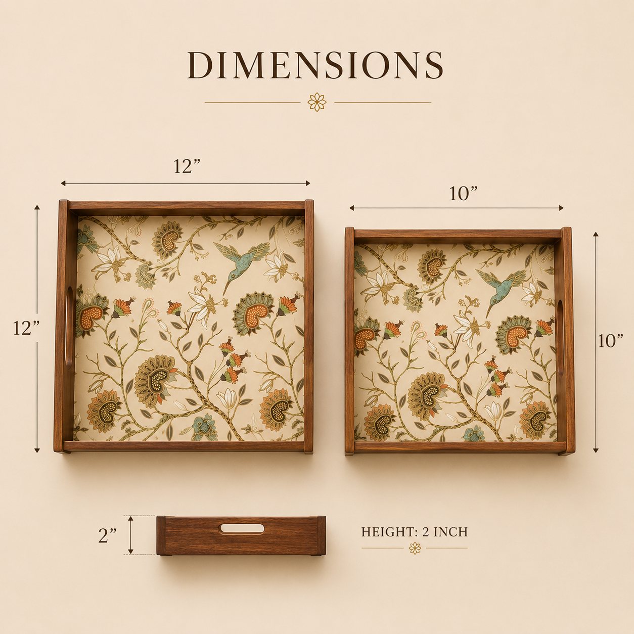 Gardenia Wooden Serving Tray, Set of 2, Square - Dimensions