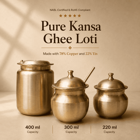 Kansa Oil / Ghee Loti with Lid & Spoon, Matte finish, 400 ml