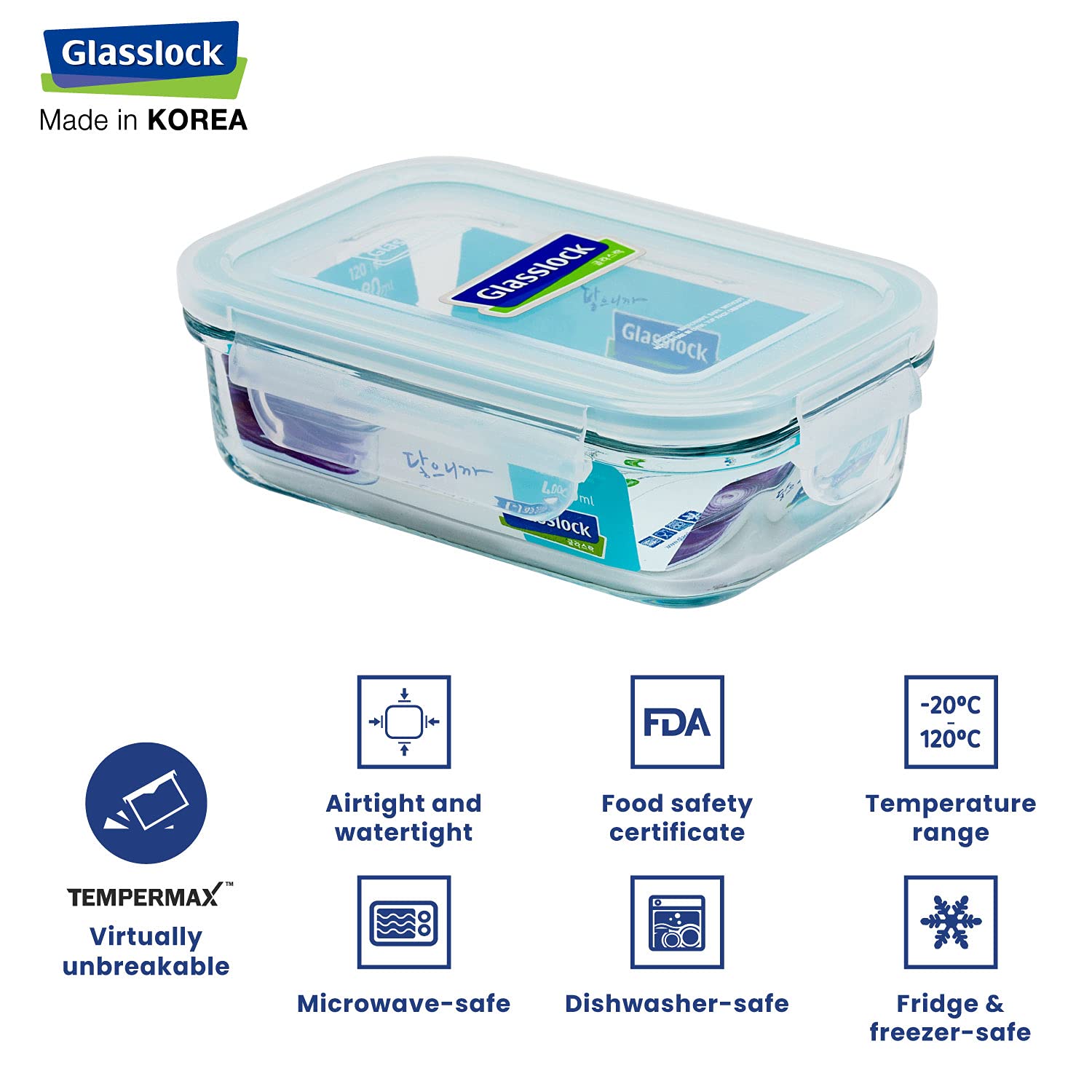 GlassLock food container rectangle 400ml with airtight lid for safe food storage