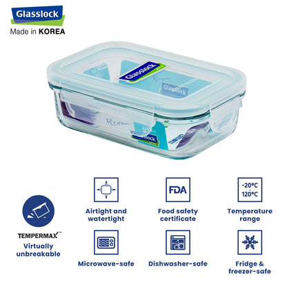 GlassLock food container rectangle 400ml with airtight lid for safe food storage