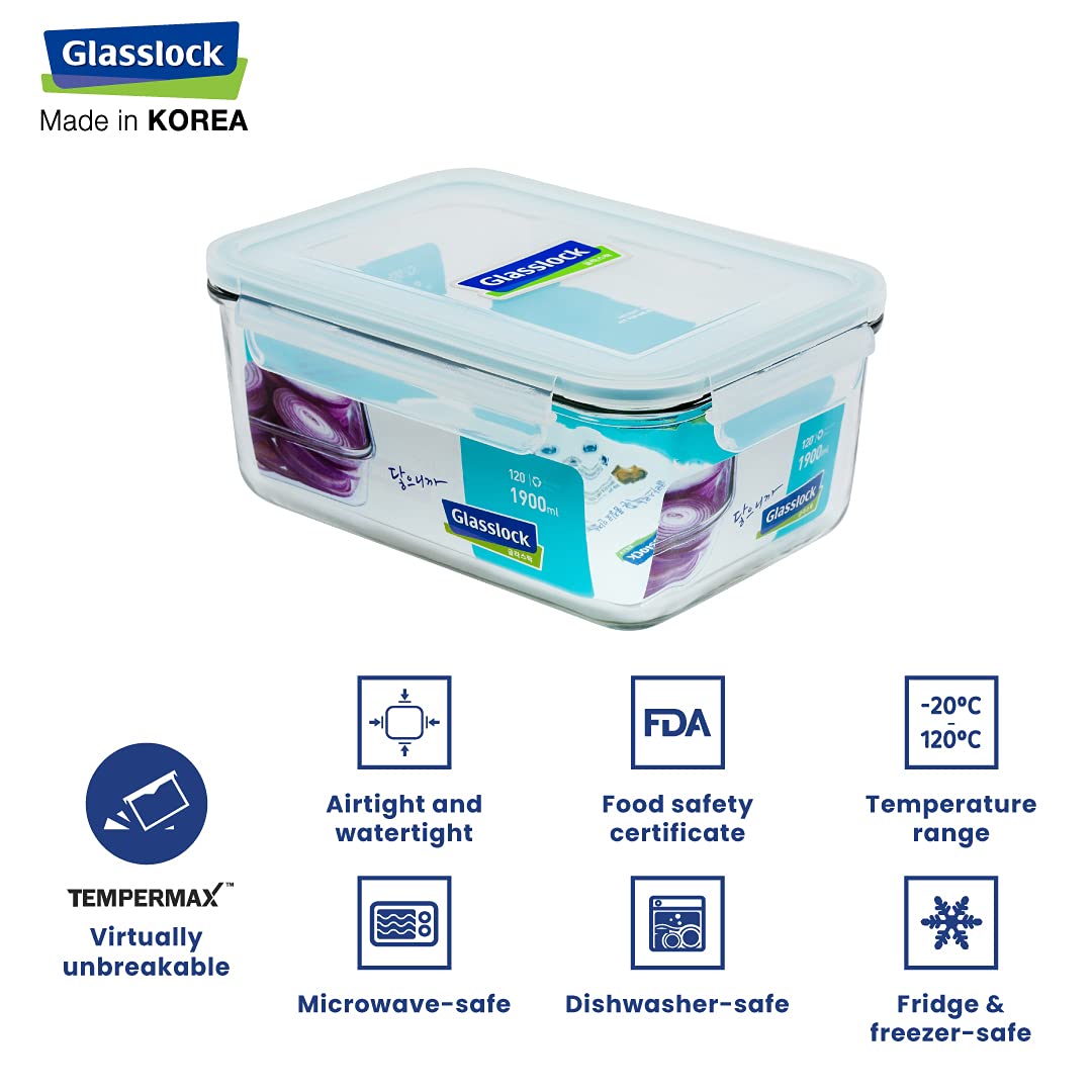 Glasslock Korea food 1900ml rectangle container with airtight and watertight design for safe storage