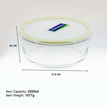 Glasslock Korea food container round 2050ml with airtight lid and clear glass design
