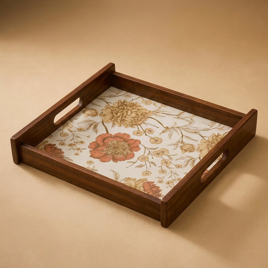 Golden Whisper Wooden Serving Tray, Large Square, Premium Teak Wood
