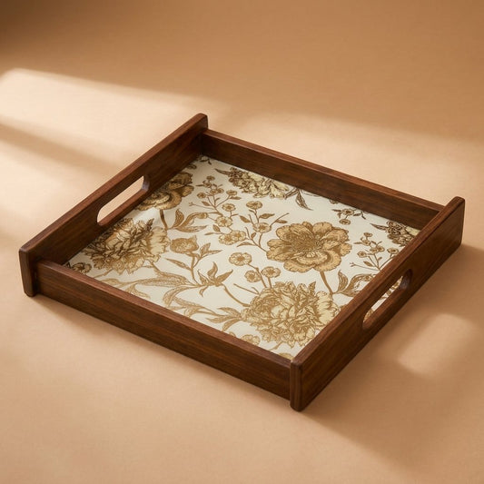 Golden Whisper Wooden Serving Tray, Large Square, Premium Teak Wood