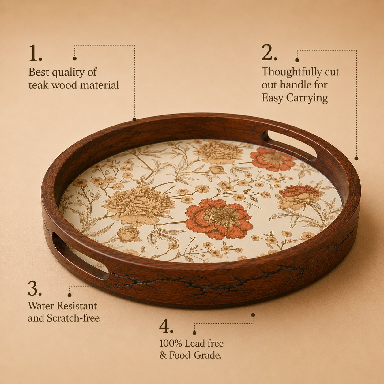Golden Whisper Wooden Serving Tray, Round - Features