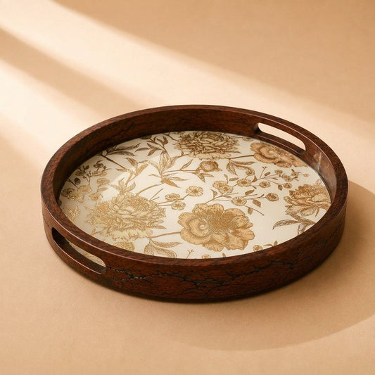 Golden Whisper Wooden Serving Tray, Round, Premium Teak Wood