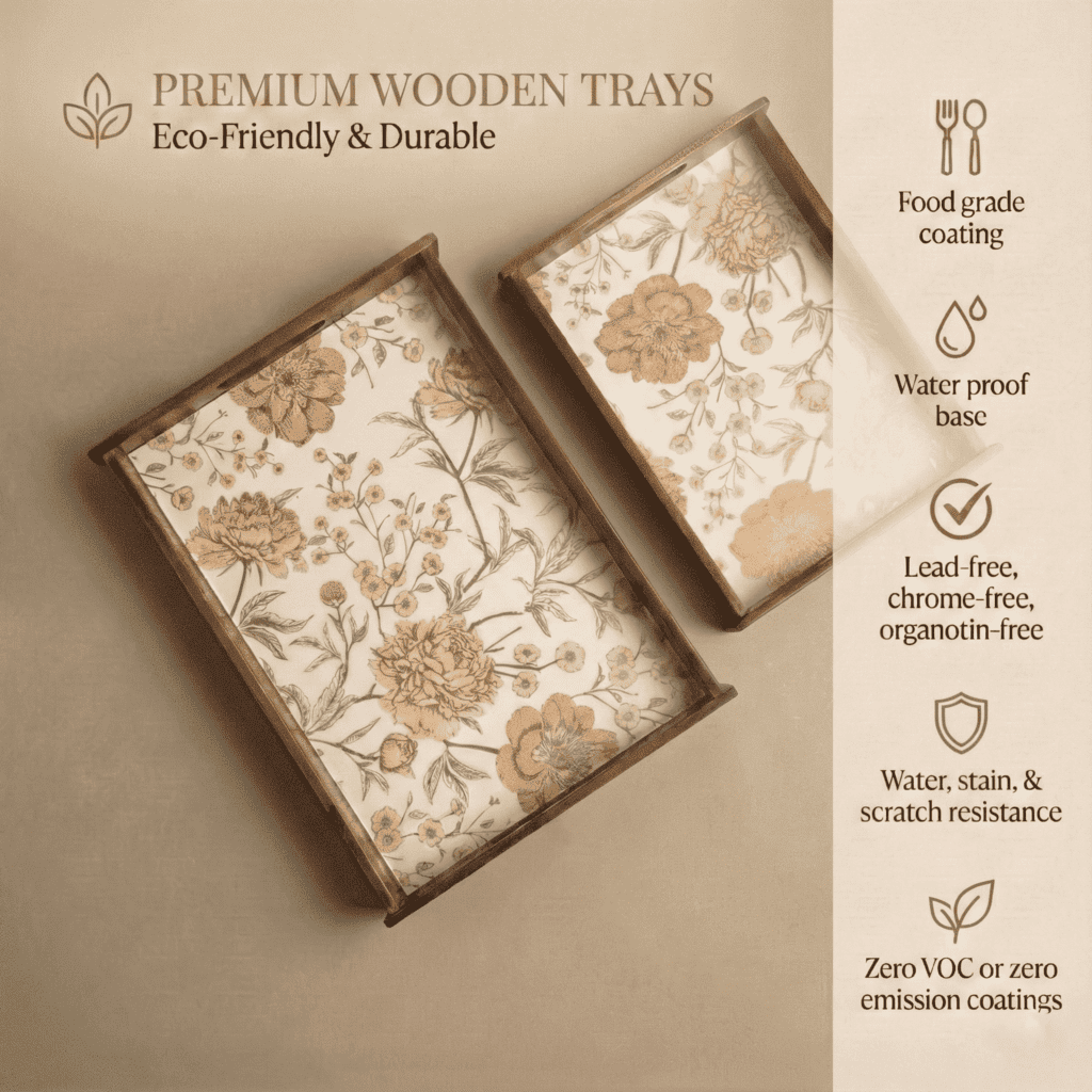 Golden Whisper Wooden Serving Tray Set of 2 Premium Teak Wood with floral design and eco-friendly features