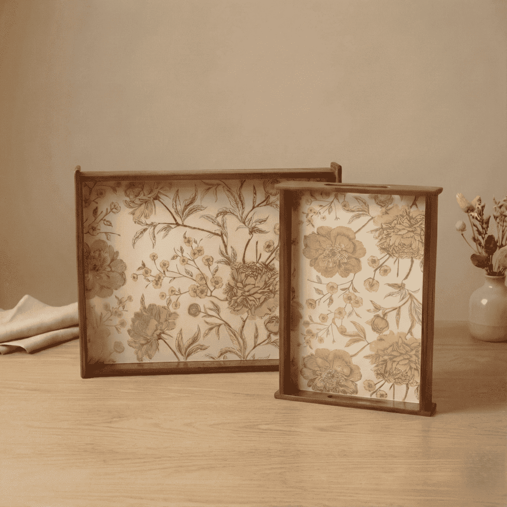 Golden Whisper Wooden Serving Tray Set of 2 Premium Teak Wood with Floral Design for Elegant Serving