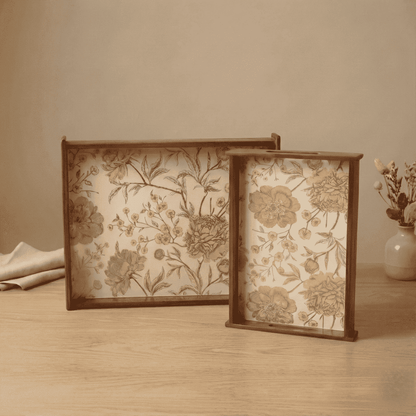 Golden Whisper Wooden Serving Tray Set of 2 Premium Teak Wood with Floral Design for Elegant Serving