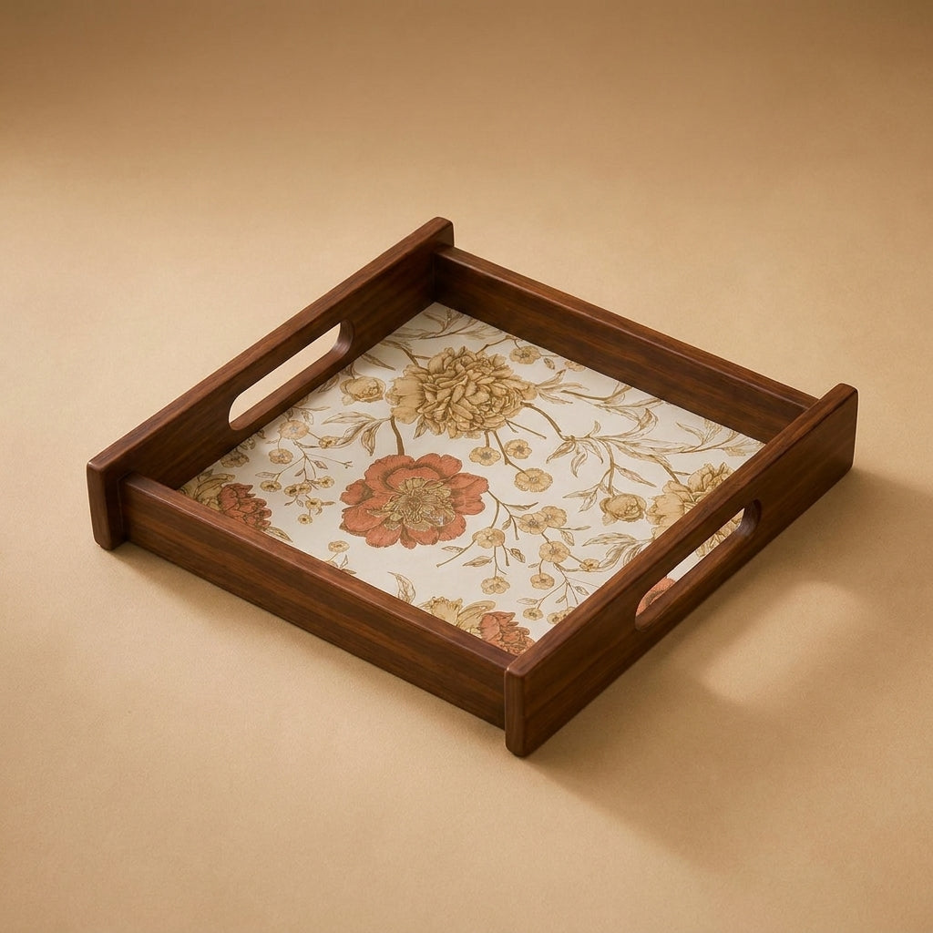Golden Whisper Wooden Serving Tray, Small Square, Premium Teak Wood