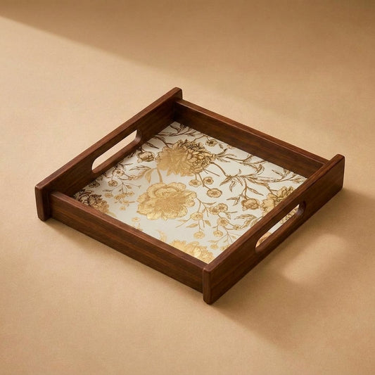 Golden Whisper Wooden Serving Tray, Small Square, Premium Teak Wood