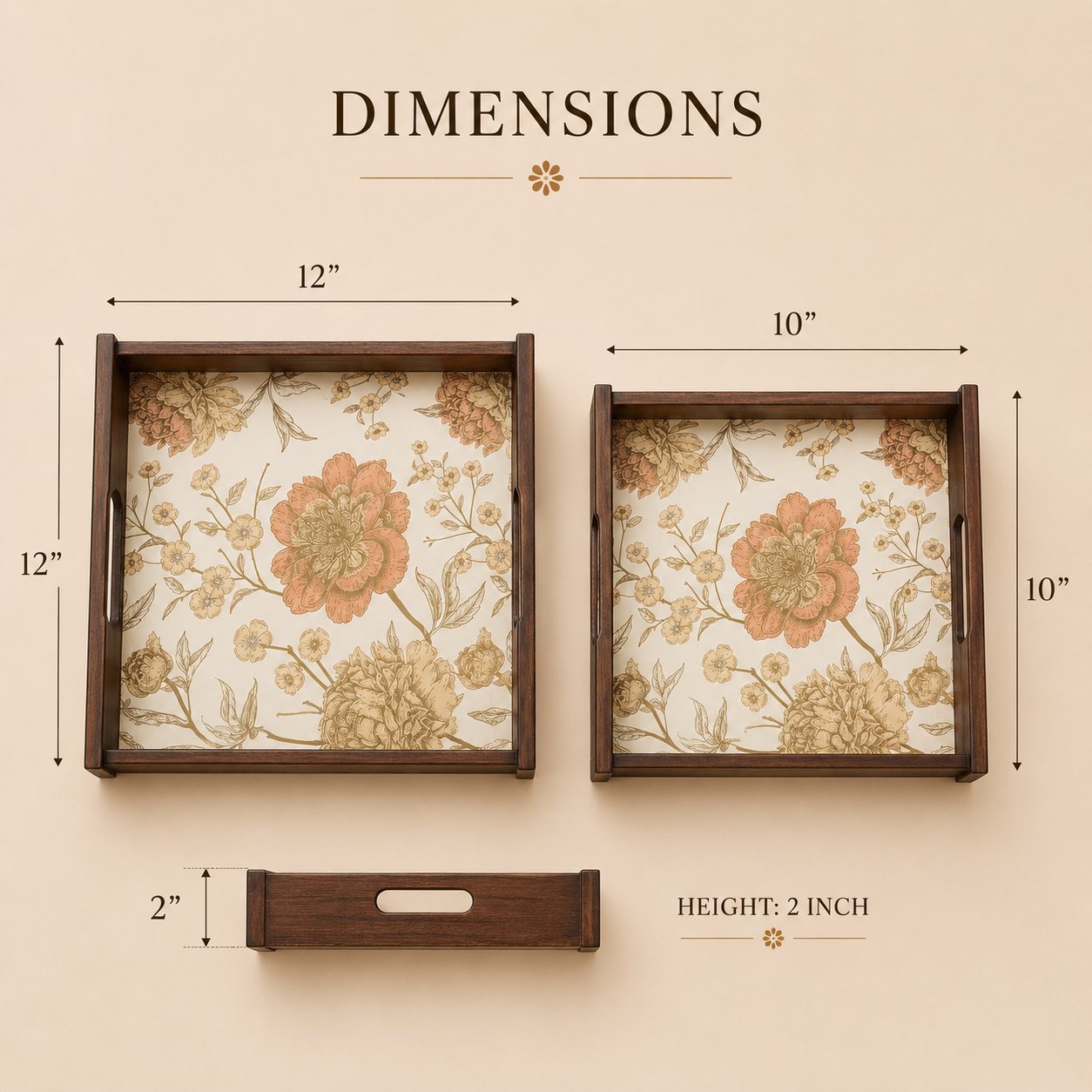 Golden Whisper Wooden Serving Tray, Set of 2, Square - Dimensions