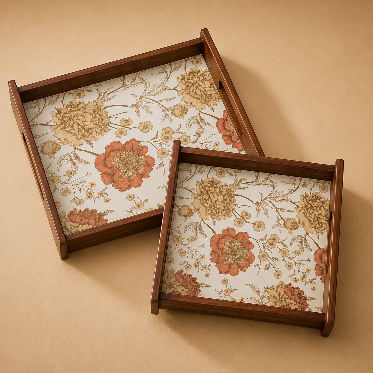 Golden Whisper Wooden Serving Tray, Set of 2, Square - Hero