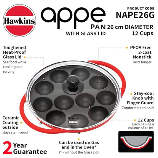 Hawkins Nonstick Appe Pan with Glass Lid, 26cm, 12 Cups Pan
