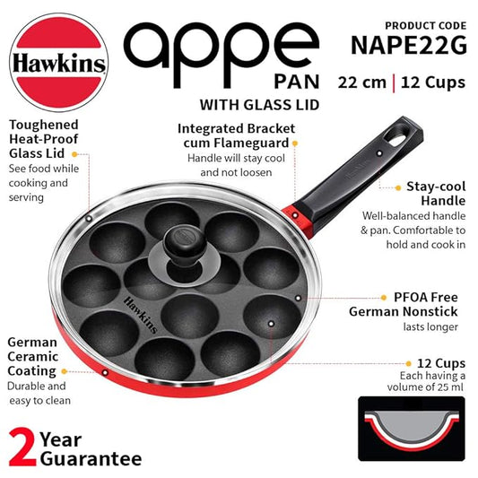 Hawkins Nonstick Appe Pan with Glass Lid, 22cm, 12 Cups Pan