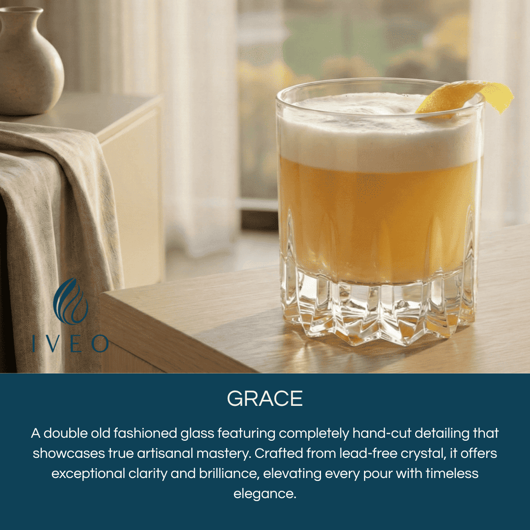 Iveo Crystalline Grace Crystal Whisky Glass showcasing hand-cut detailing and clarity for elegant sipping