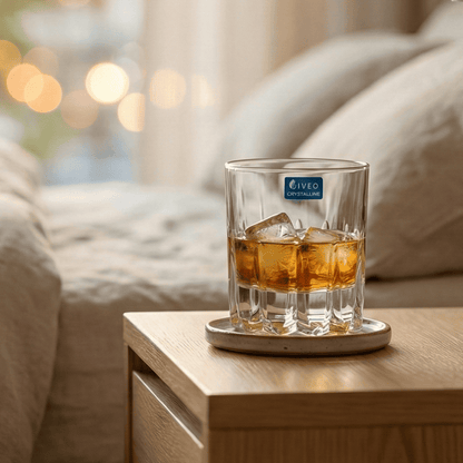 Iveo Crystalline Grace Crystal Whisky Glass on a wooden nightstand, filled with whisky and ice