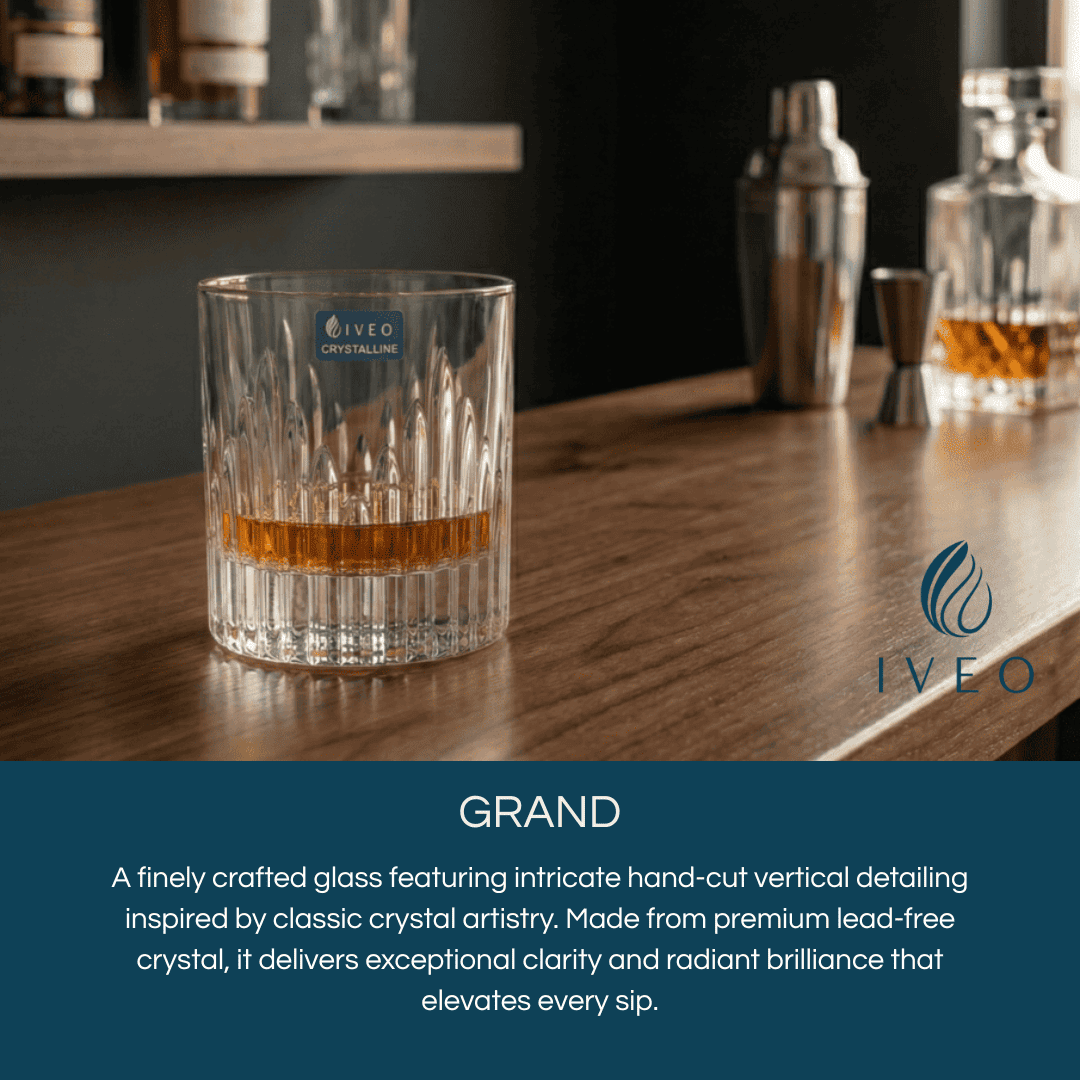 Iveo Crystalline Grand Crystal Whisky Glass with Intricate Hand-Cut Vertical Detailing for Premium Drinks