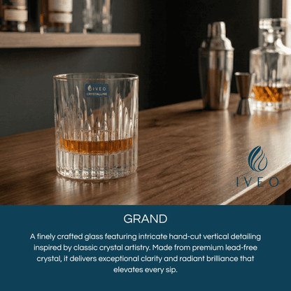 Iveo Crystalline Grand Crystal Whisky Glass with Intricate Hand-Cut Vertical Detailing for Premium Drinks