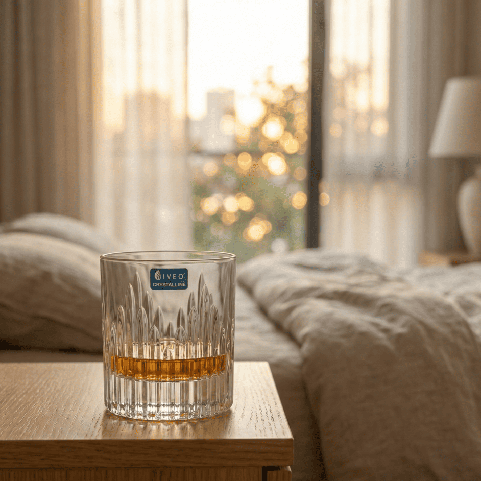 Iveo Crystalline Grand Crystal Whisky Glass on a wooden table with whiskey inside against a cozy background