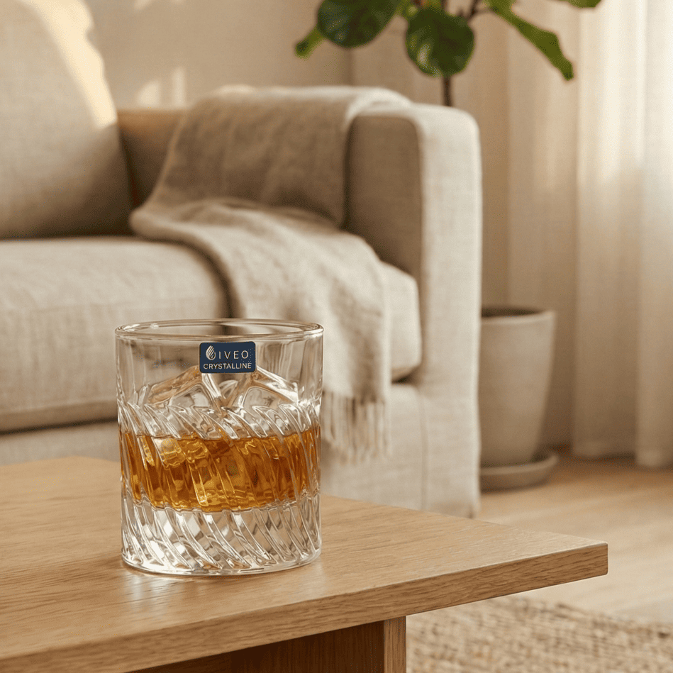 Iveo Crystalline Lavi Crystal Whisky Glass with Whiskey and Ice on a Coffee Table