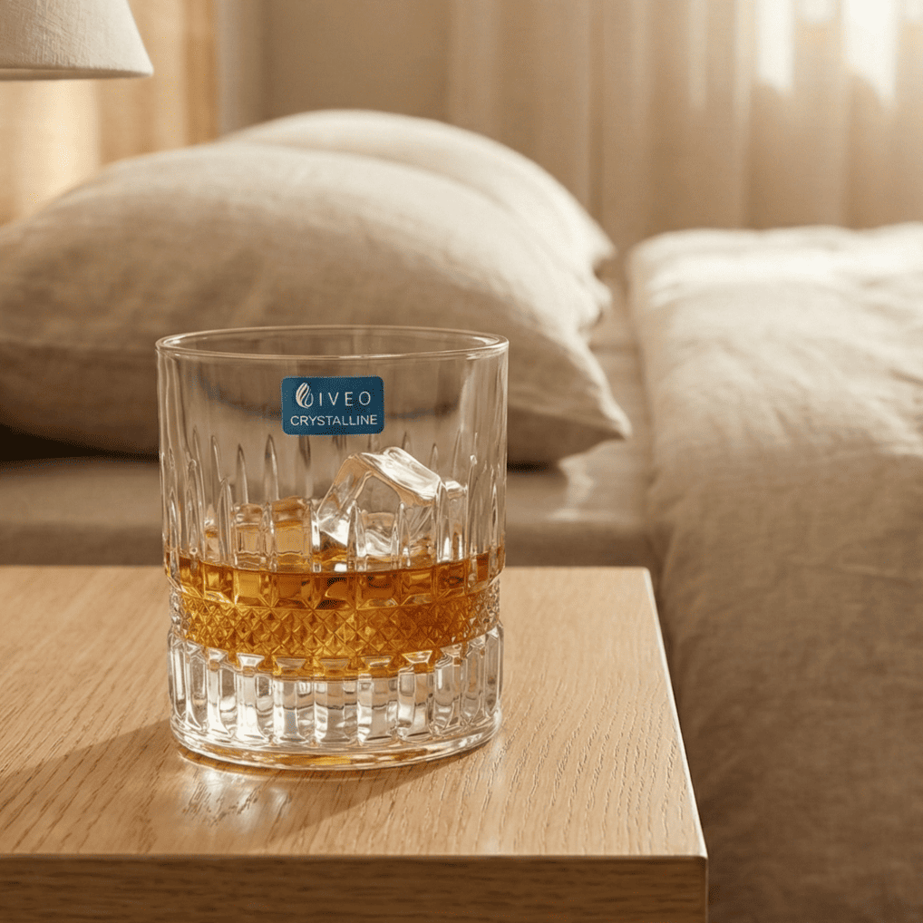 Iveo Crystalline Marvel Crystal Whisky Glass with Ice on a Wooden Table Next to a Couch