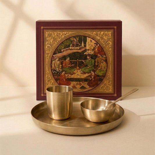 Kansa Baby Dinner Set, 4 pcs, pure bronze thali, bowl, spoon and glass, with gift box