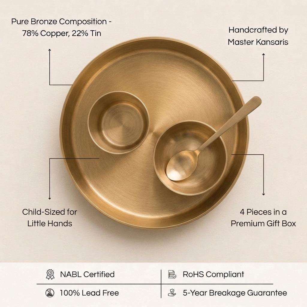 Kansa Baby Dinner Set features - pure bronze, handcrafted by master kansaris, child-sized, lead free, 5-year breakage guarantee