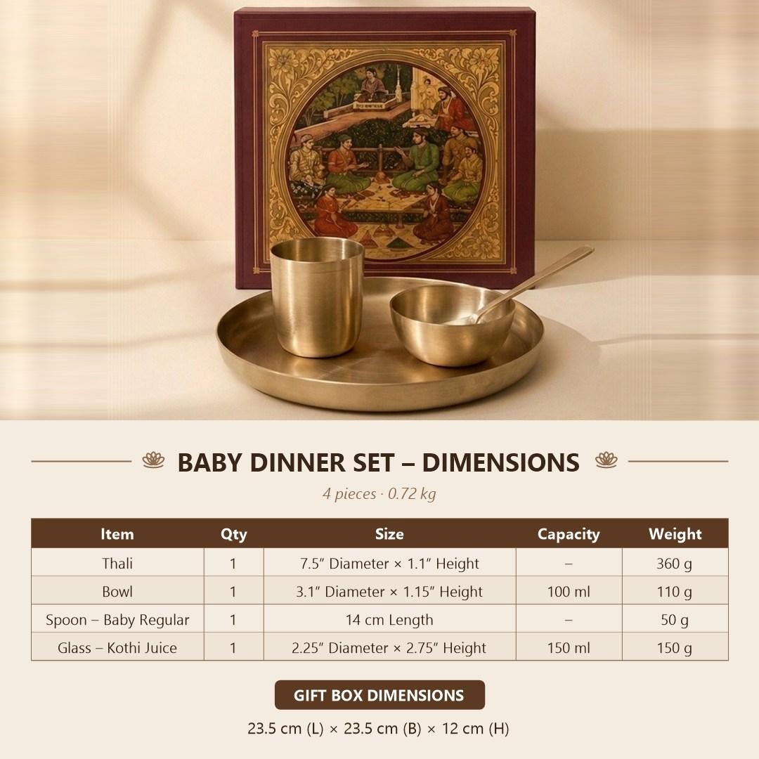 Kansa Baby Dinner Set size chart - 7.5 inch thali, 100 ml bowl, 14 cm baby spoon, 150 ml Kothi glass, gift box dimensions