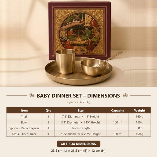 Kansa Baby Dinner Set size chart - 7.5 inch thali, 100 ml bowl, 14 cm baby spoon, 150 ml Kothi glass, gift box dimensions