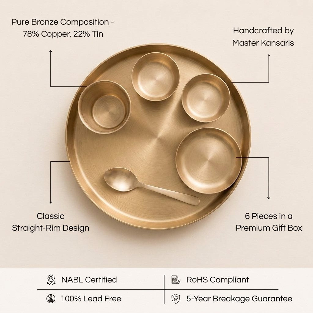 Kansa Classic Thali Set features - pure bronze composition, handcrafted by master kansaris, straight-rim design, lead free, 5-year breakage guarantee