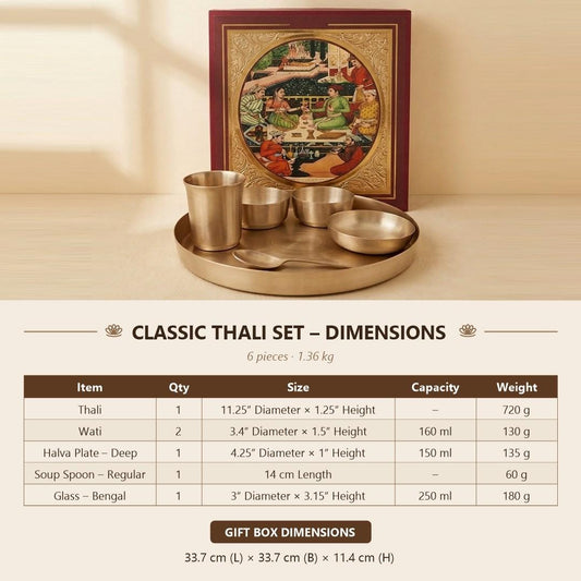 Kansa Classic Thali Set size chart - 11.25 inch thali, two 160 ml watis, deep halva plate, soup spoon, 250 ml Bengal glass, gift box dimensions