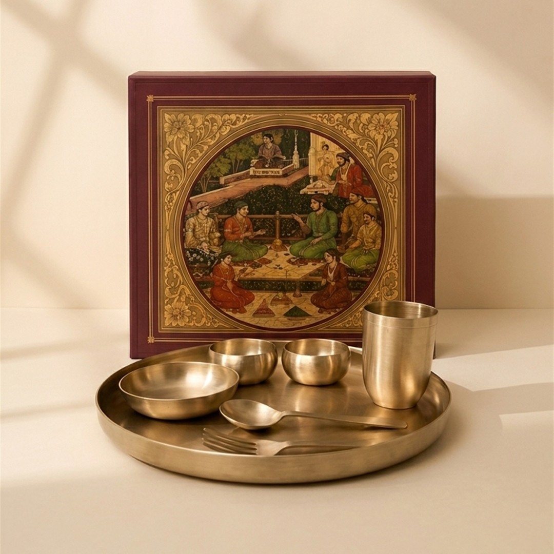 Kansa Curve Thali Set, 7 pcs, pure bronze, with heritage gift box