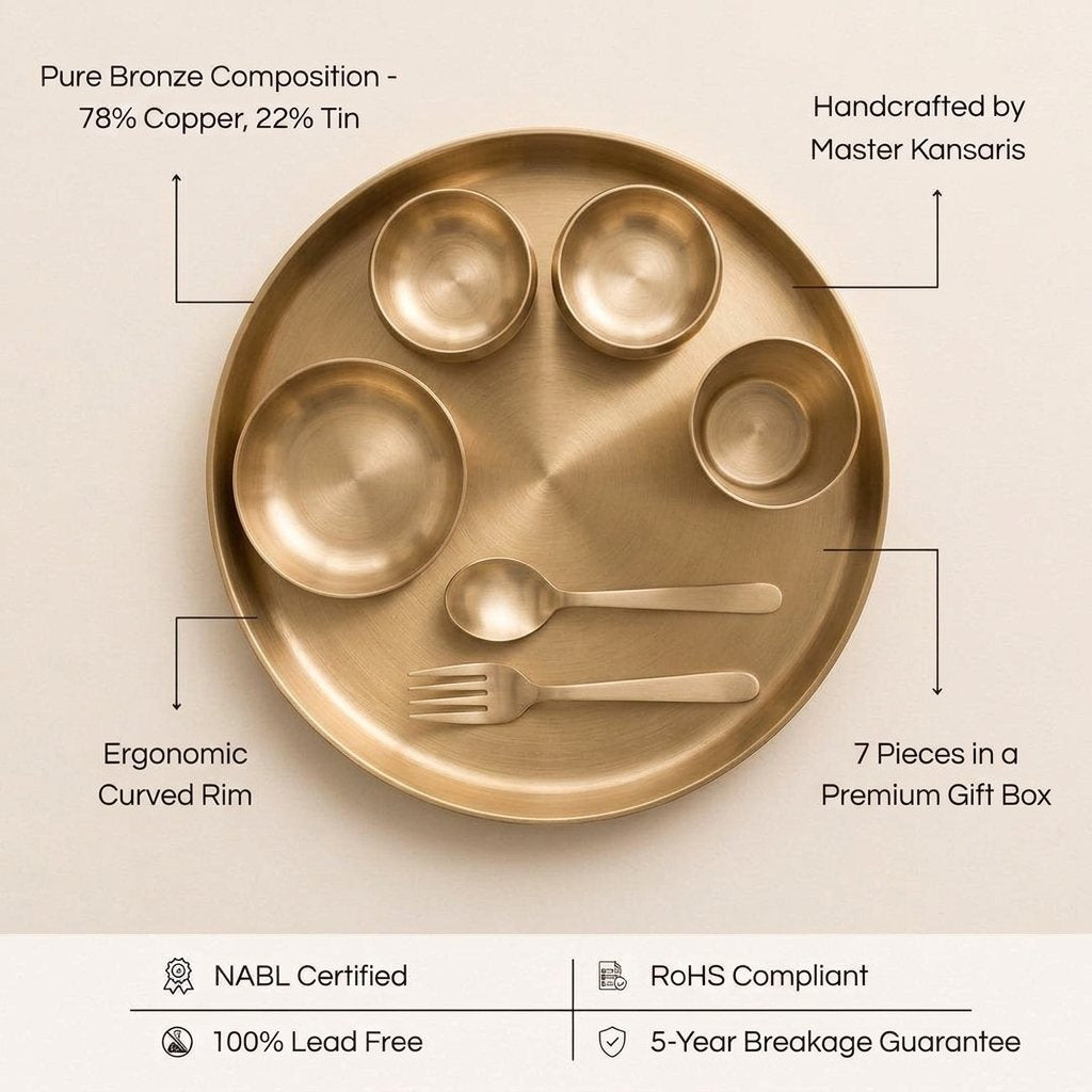 Kansa Curve Thali Set features - pure bronze composition, handcrafted by master kansaris, lead free, 5-year breakage guarantee