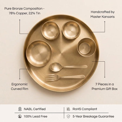 Kansa Curve Thali Set features - pure bronze composition, handcrafted by master kansaris, lead free, 5-year breakage guarantee