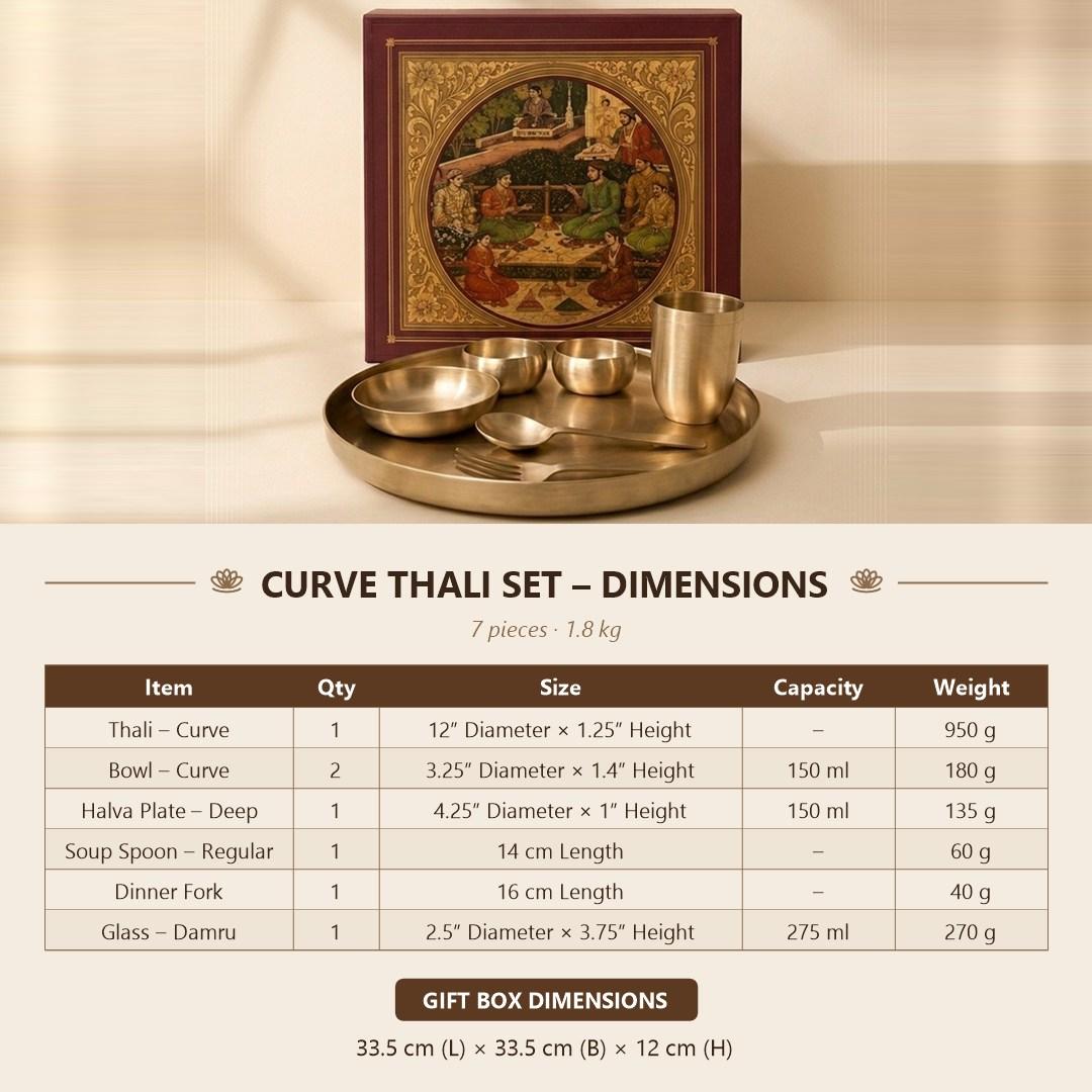 Kansa Curve Thali Set size chart - 12 inch curve thali, 150 ml curve bowls, deep halva plate, soup spoon, dinner fork, 275 ml damru glass, gift box dimensions