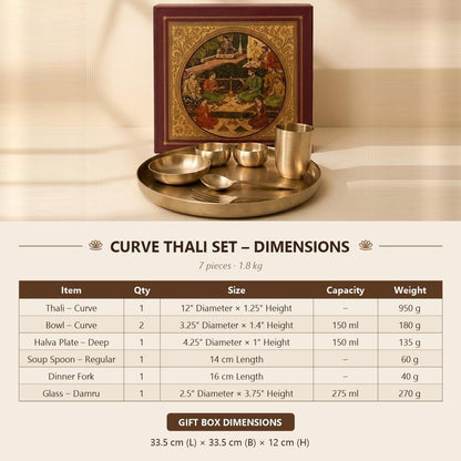 Kansa Curve Thali Set size chart - 12 inch curve thali, 150 ml curve bowls, deep halva plate, soup spoon, dinner fork, 275 ml damru glass, gift box dimensions