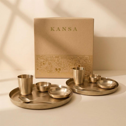Kansa Gold Thali Set for two, 10 pcs, pure bronze, with gift box
