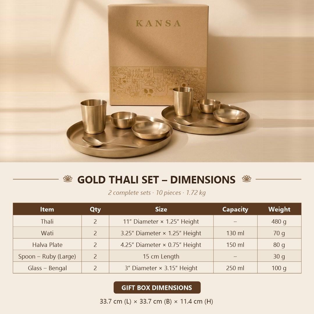 Kansa Gold Thali Set size chart - 11 inch thali, 130 ml wati, 150 ml halva plate, 250 ml Bengal glass, gift box dimensions