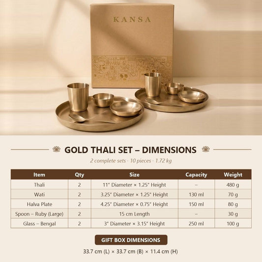 Kansa Gold Thali Set size chart - 11 inch thali, 130 ml wati, 150 ml halva plate, 250 ml Bengal glass, gift box dimensions