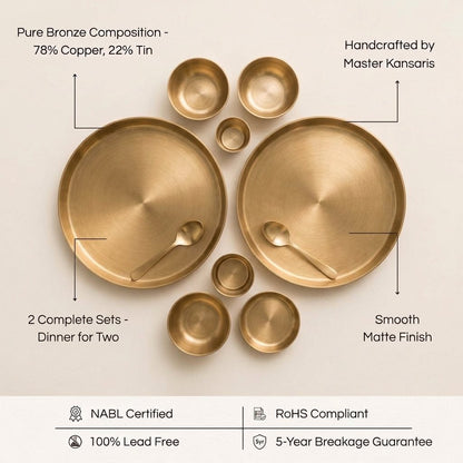 Kansa Gold Thali Set features - pure bronze composition, handcrafted by master kansaris, 2 complete sets, smooth matte finish, lead free, 5-year breakage guarantee